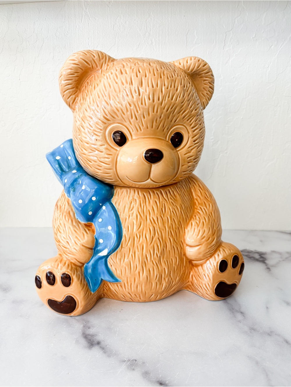 Country Bear Ceramic Teddy Cookie Jar with Blue Scarf